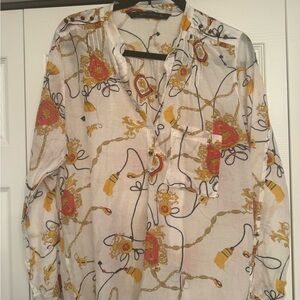 Zara White Blouse with Gold and Red Accents